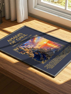 Amadis of Gaul Minimalist Book Poster by Garci R. de Montalvo – print on a sunlit desk