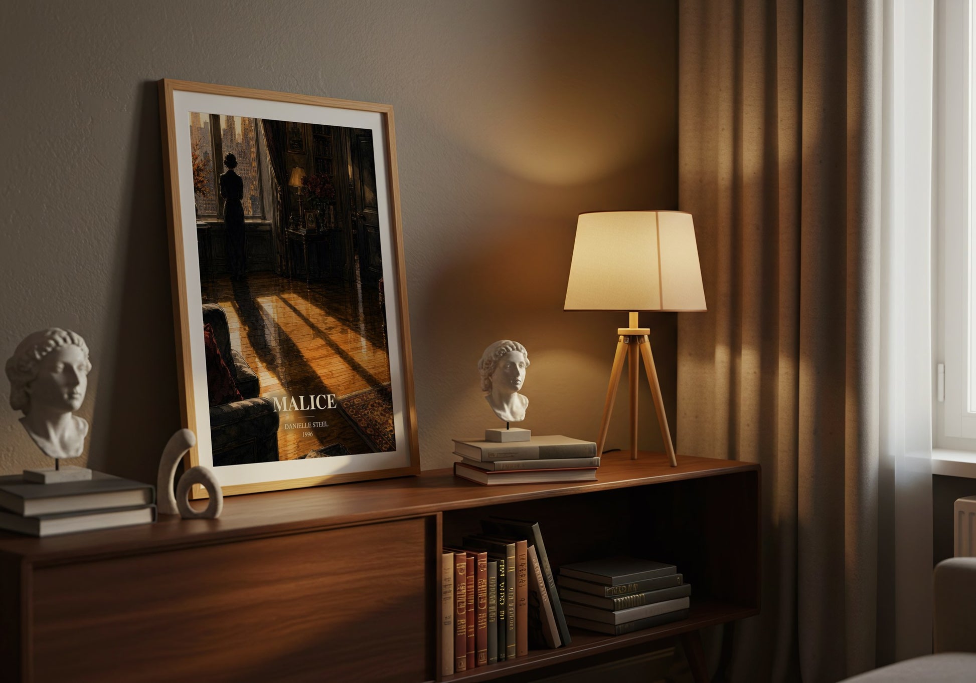 Malice watercolour print on bookshelf – Danielle Steel fan gift