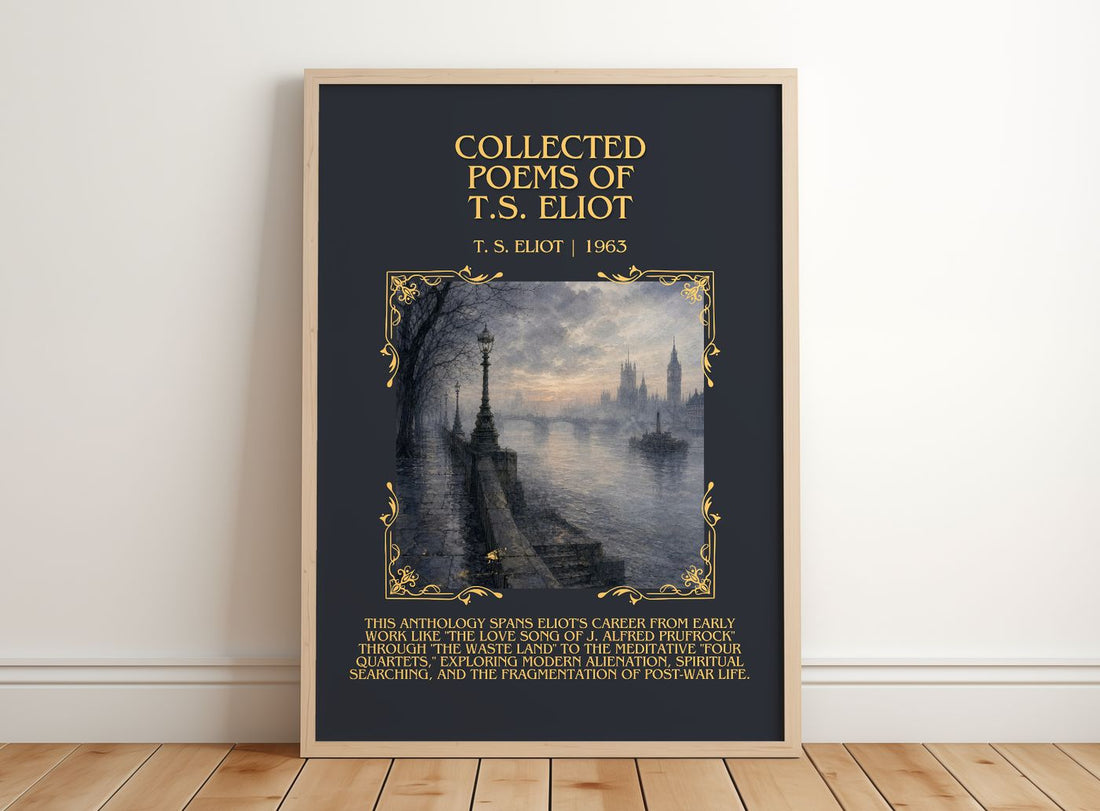 Collected Poems of T.S. Eliot Minimalist Book Poster by T. S. Eliot – framed print leaning on a wooden floor