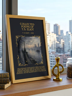 Collected Poems of T.S. Eliot Minimalist Book Poster by T. S. Eliot – framed print on a city-view windowsill