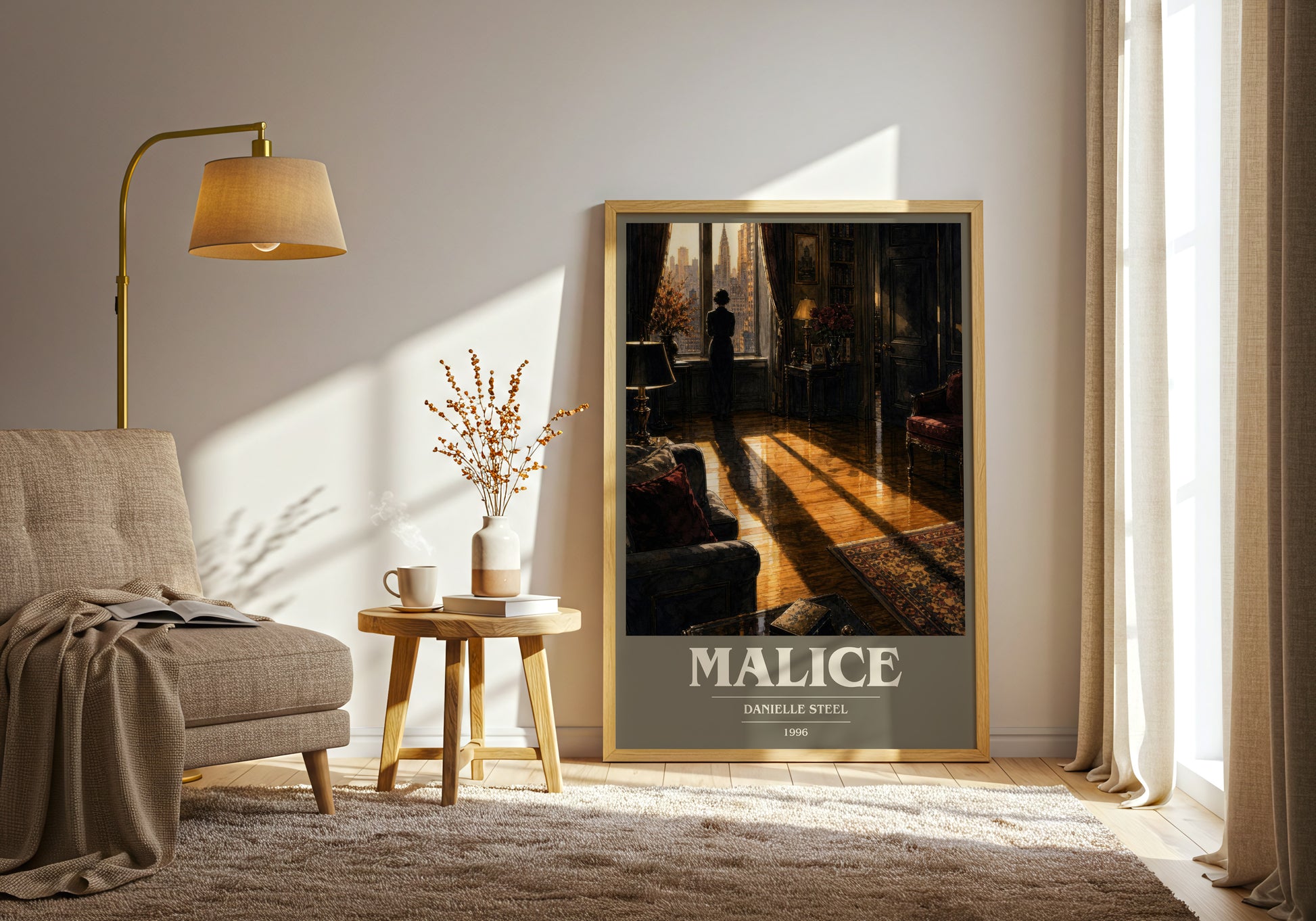 Malice book cover print on bookshelf – Danielle Steel fan gift