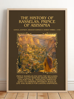 The History of Rasselas, Prince of Abissinia Minimalist Book Poster by Samuel Johnson, Abraham Raimbach, Robert Smirke – framed print leaning on a wooden floor
