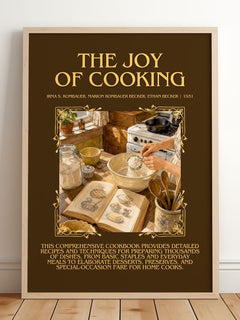 Joy of Cooking Minimalist Book Poster by I. Becker – framed print leaning on a wooden floor