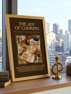 Joy of Cooking Minimalist Book Poster by I. Becker – framed print on a city-view windowsill