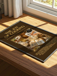Joy of Cooking Minimalist Book Poster by I. Becker – print on a sunlit desk