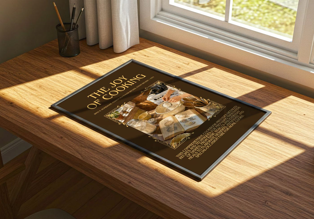 Joy of Cooking Minimalist Book Poster by I. Becker – print on a sunlit desk