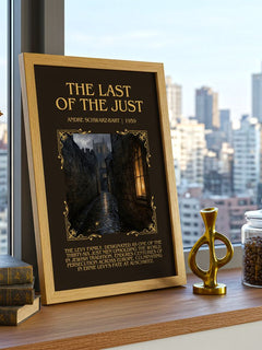 The Last Of The Just Minimalist Book Poster by André Schwarz-Bart – framed print on a city-view windowsill