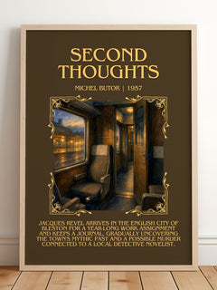 Second Thoughts Minimalist Book Poster by Michel Butor – framed print leaning on a wooden floor