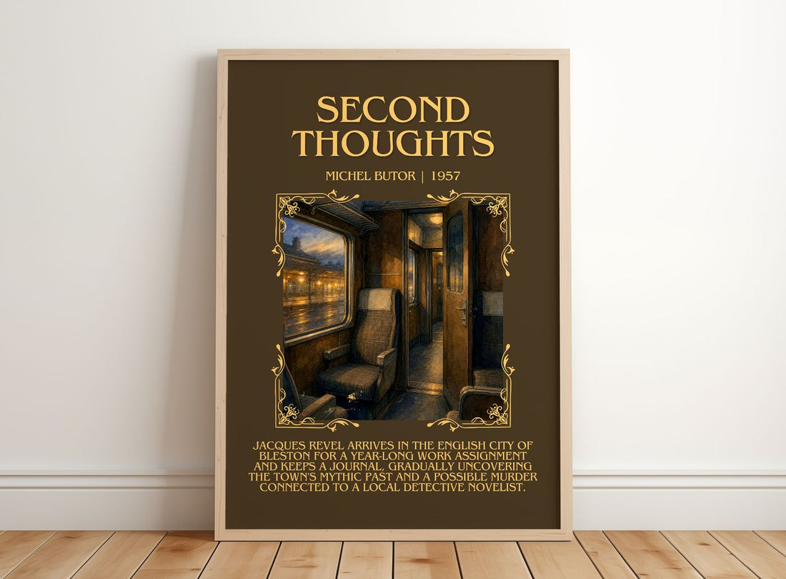 Second Thoughts Minimalist Book Poster by Michel Butor – framed print leaning on a wooden floor