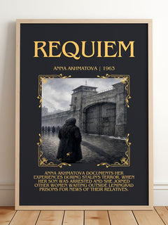 Requiem Minimalist Book Poster by Anna Akhmatova – framed print leaning on a wooden floor