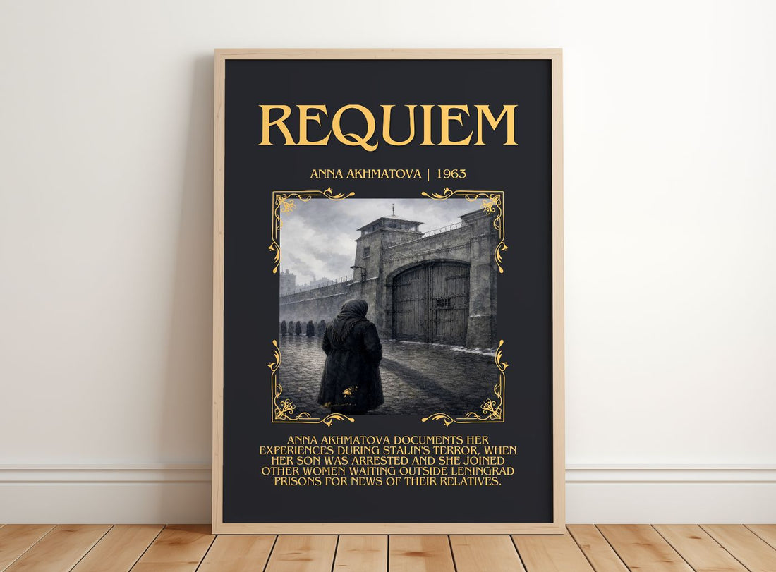 Requiem Minimalist Book Poster by Anna Akhmatova – framed print leaning on a wooden floor