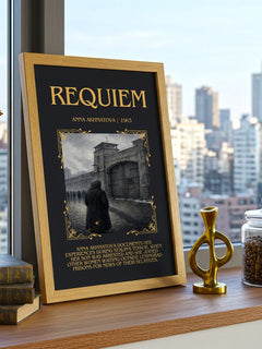 Requiem Minimalist Book Poster by Anna Akhmatova – framed print on a city-view windowsill