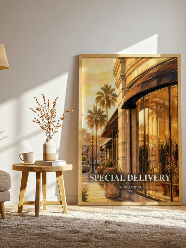 Special Delivery watercolour print in frame leaning in hallway – contemporary fiction wall art