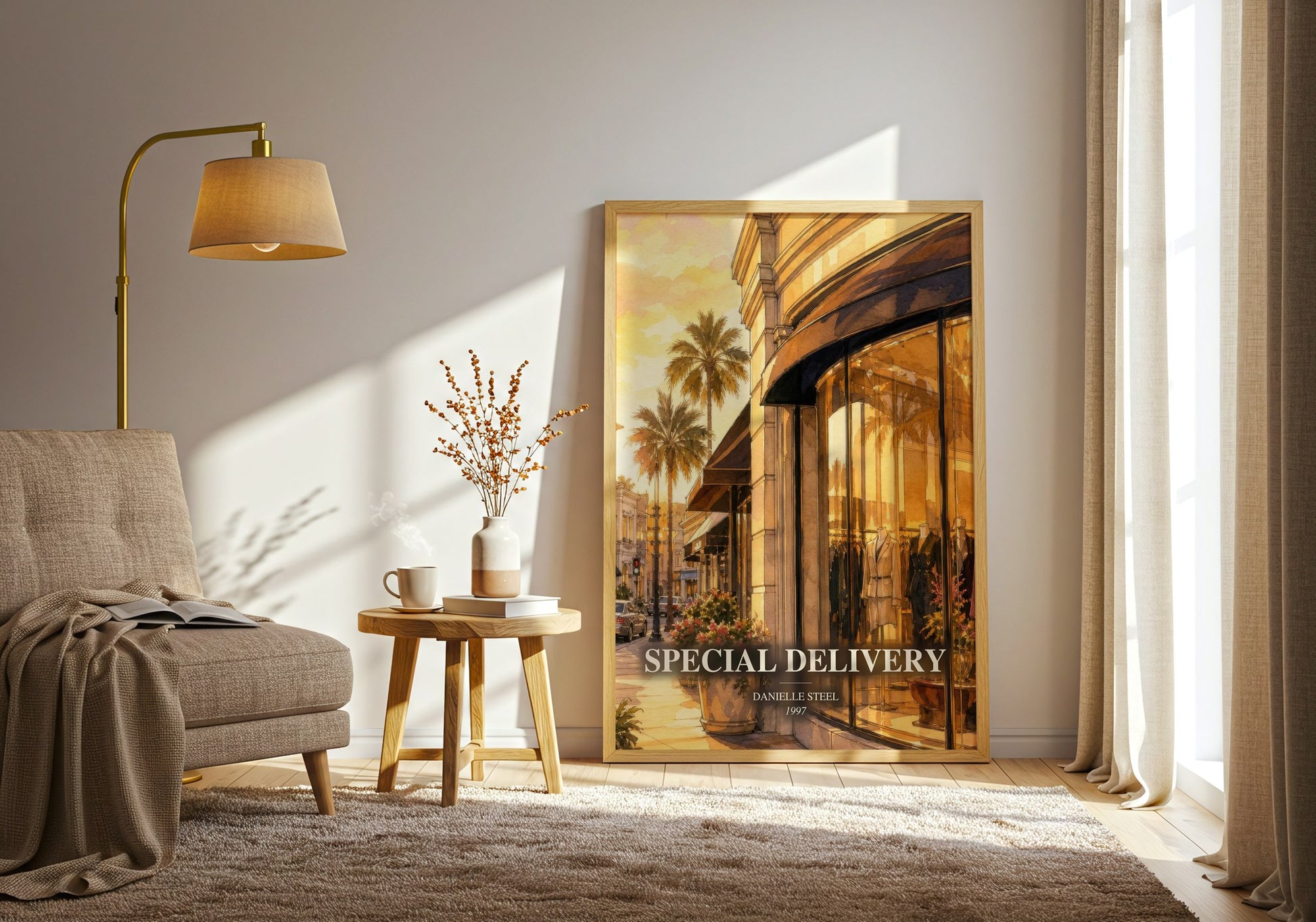 Special Delivery watercolour print in frame leaning in hallway – contemporary fiction wall art