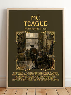 Mc Teague Minimalist Book Poster by Frank Norris – framed print leaning on a wooden floor