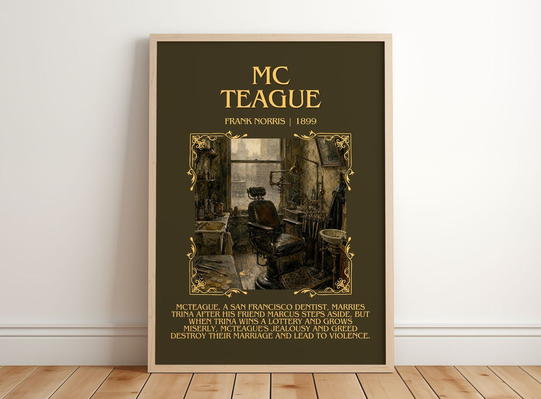 Mc Teague Minimalist Book Poster by Frank Norris – framed print leaning on a wooden floor