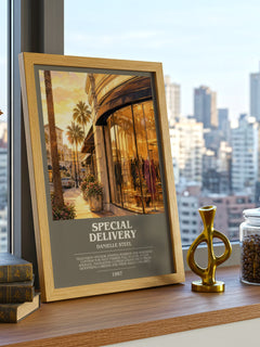 Special Delivery Bookish Wall Art by Danielle Steel – framed print on a city-view windowsill