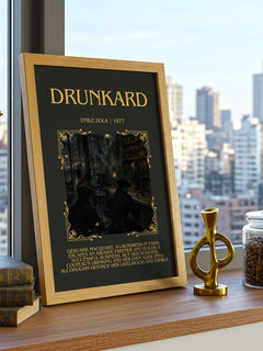 Drunkard Minimalist Book Poster by Émile Zola – framed print on a city-view windowsill