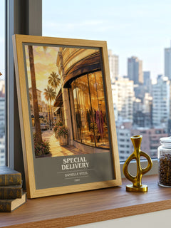 Special Delivery Book Cover Poster by Danielle Steel – framed print on a city-view windowsill