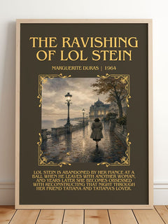 The Ravishing of Lol Stein Minimalist Book Poster by Marguerite Duras – framed print leaning on a wooden floor