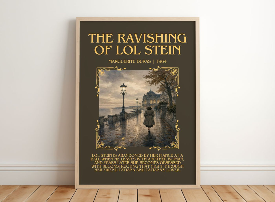 The Ravishing of Lol Stein Minimalist Book Poster by Marguerite Duras – framed print leaning on a wooden floor