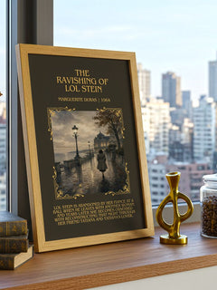 The Ravishing of Lol Stein Minimalist Book Poster by Marguerite Duras – framed print on a city-view windowsill