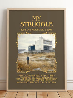 My Struggle Minimalist Book Poster by Karl Ove Knausgård – framed print leaning on a wooden floor