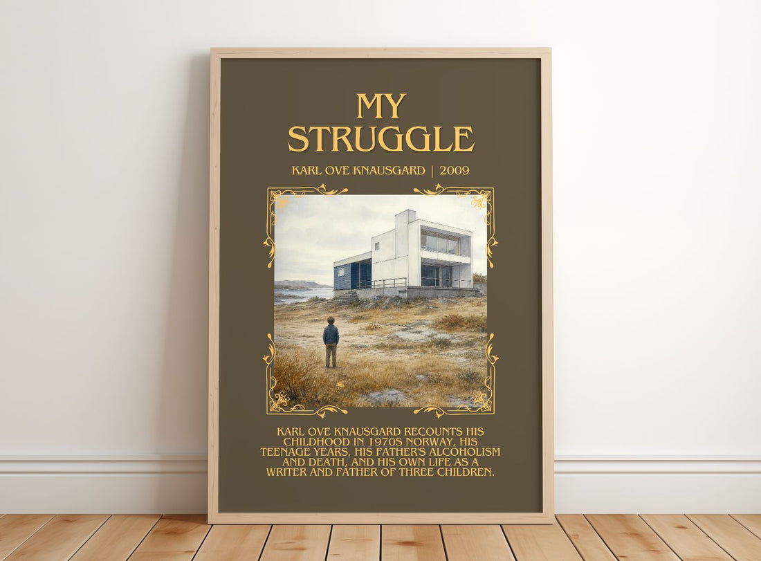 My Struggle Minimalist Book Poster by Karl Ove Knausgård – framed print leaning on a wooden floor