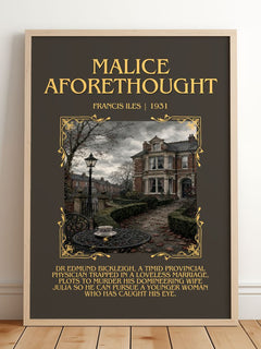 Malice Aforethought Minimalist Book Poster by Francis Iles – framed print leaning on a wooden floor