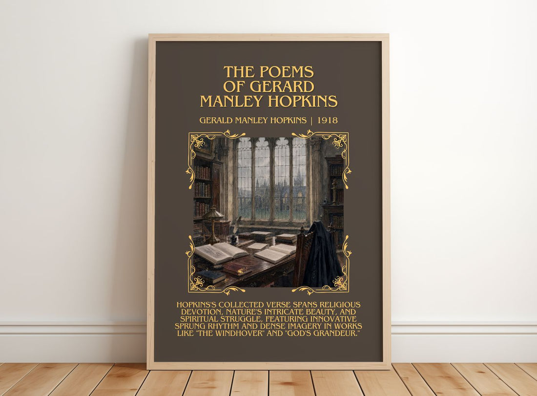 Poems Of Gerard Manley Hopkins Minimalist Book Poster by G. Hopkins – framed print leaning on a wooden floor
