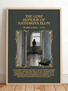 Lost Honour of Katharina Blum Minimalist Book Poster by Heinrich Böll – framed print leaning on a wooden floor
