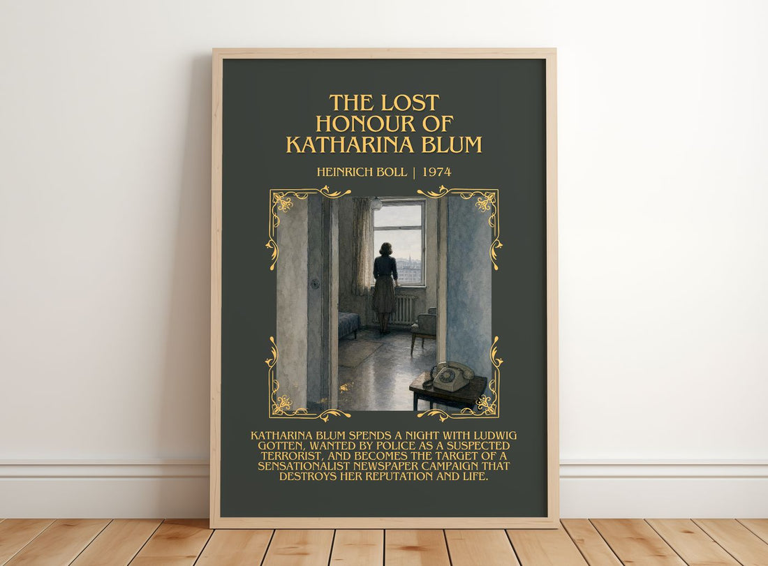 Lost Honour of Katharina Blum Minimalist Book Poster by Heinrich Böll – framed print leaning on a wooden floor