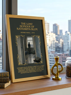 Lost Honour of Katharina Blum Minimalist Book Poster by Heinrich Böll – framed print on a city-view windowsill