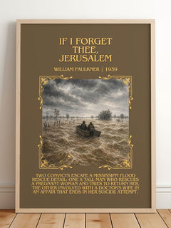 If I Forget Thee, Jerusalem Minimalist Book Poster by William Faulkner – framed print leaning on a wooden floor