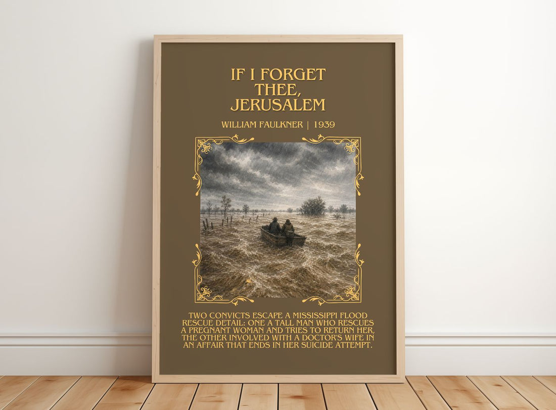 If I Forget Thee, Jerusalem Minimalist Book Poster by William Faulkner – framed print leaning on a wooden floor