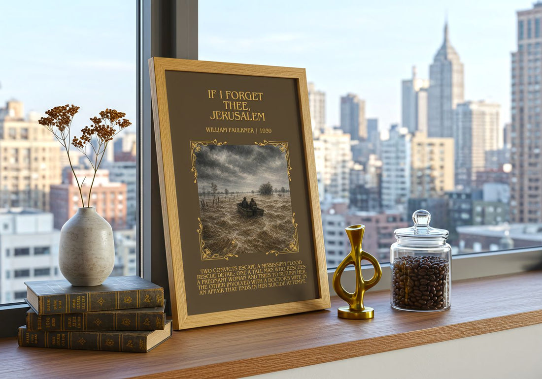 If I Forget Thee, Jerusalem Minimalist Book Poster by William Faulkner – framed print on a city-view windowsill
