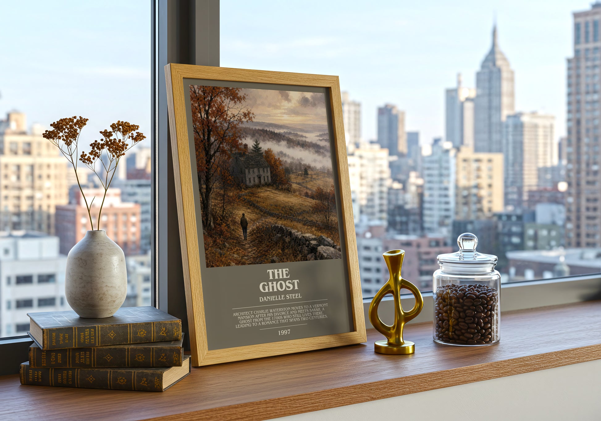 The Ghost bookish print framed by window – literary home decor
