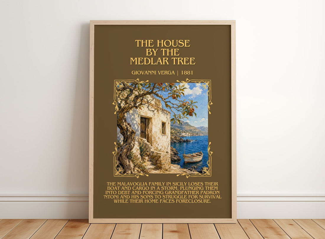 The House by the Medlar Tree Minimalist Book Poster by Giovanni Verga – framed print leaning on a wooden floor