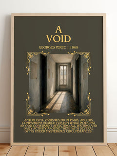A Void Minimalist Book Poster by Georges Perec – framed print leaning on a wooden floor