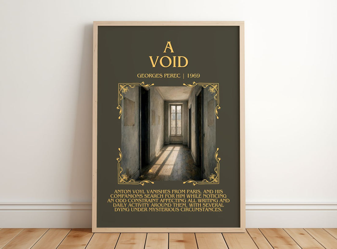 A Void Minimalist Book Poster by Georges Perec – framed print leaning on a wooden floor