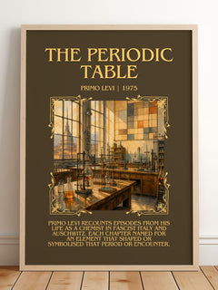 The Periodic Table Minimalist Book Poster by Primo Levi – framed print leaning on a wooden floor