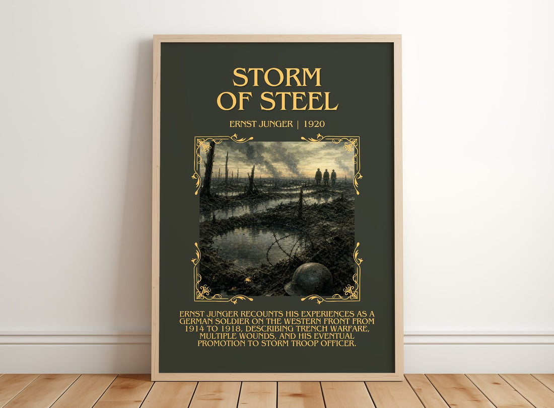 Storm of Steel Minimalist Book Poster by Ernst Jünger – framed print leaning on a wooden floor