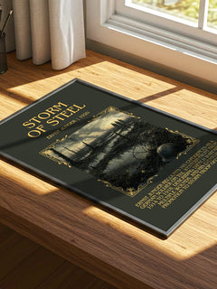 Storm of Steel Minimalist Book Poster by Ernst Jünger – print on a sunlit desk