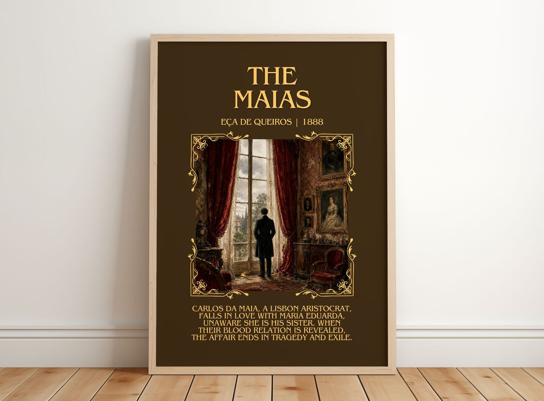 The Maias Minimalist Book Poster by Eça de Queirós – framed print leaning on a wooden floor
