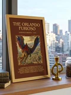 The Orlando Furioso Minimalist Book Poster by Lodovico Ariosto – framed print on a city-view windowsill