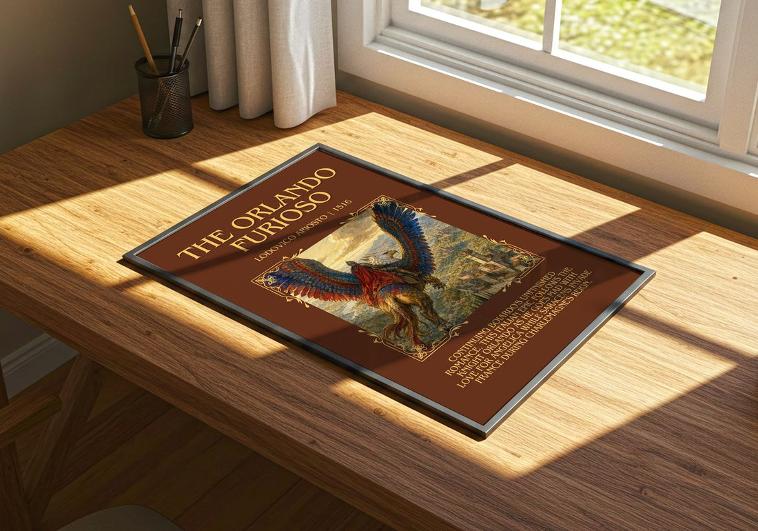 The Orlando Furioso Minimalist Book Poster by Lodovico Ariosto – print on a sunlit desk