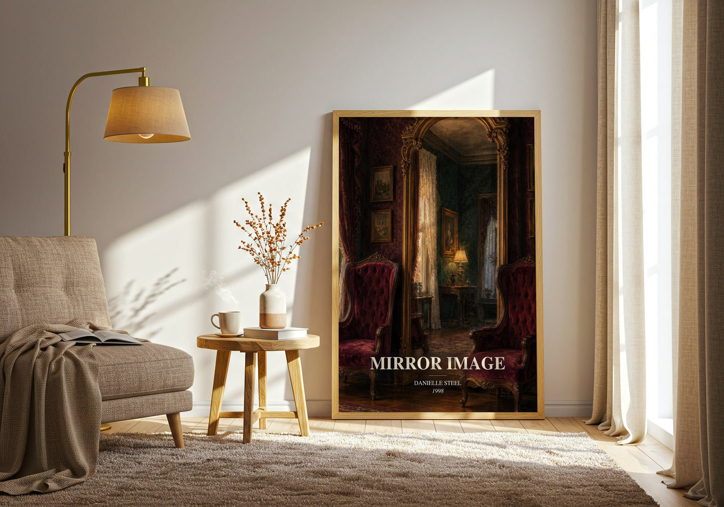 Mirror Image watercolour print in frame leaning in hallway – historical fiction wall art