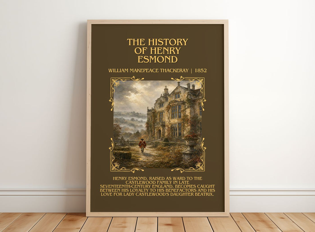 History Of Henry Esmond Minimalist Book Poster by W. Thackeray – framed print leaning on a wooden floor