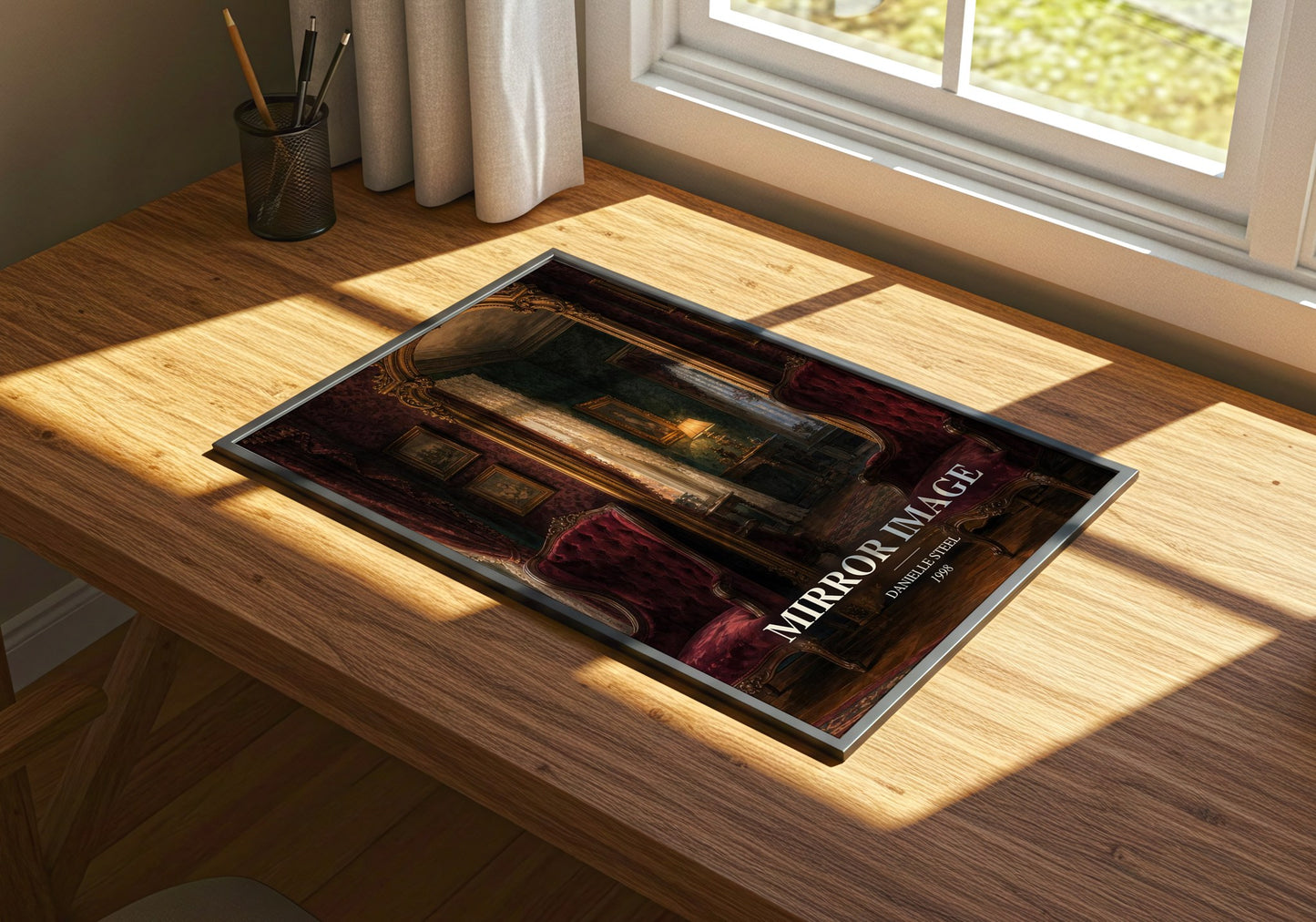 Mirror Image watercolour book poster framed on wall – historical fiction wall art
