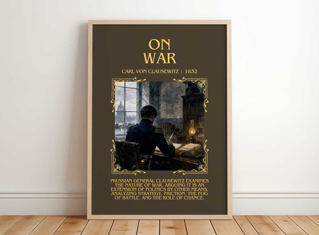 On War Minimalist Book Poster by Carl Von Clausewitz – framed print leaning on a wooden floor